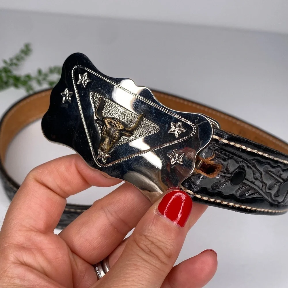 DunDee Full Grain Cowhide Embossed Leather Belt Black With Silver Buckle Size 28